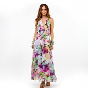 MAGGY LONDON Watercolour Floral Halter Maxi Summer Dress Abstract 6 Boho Chic